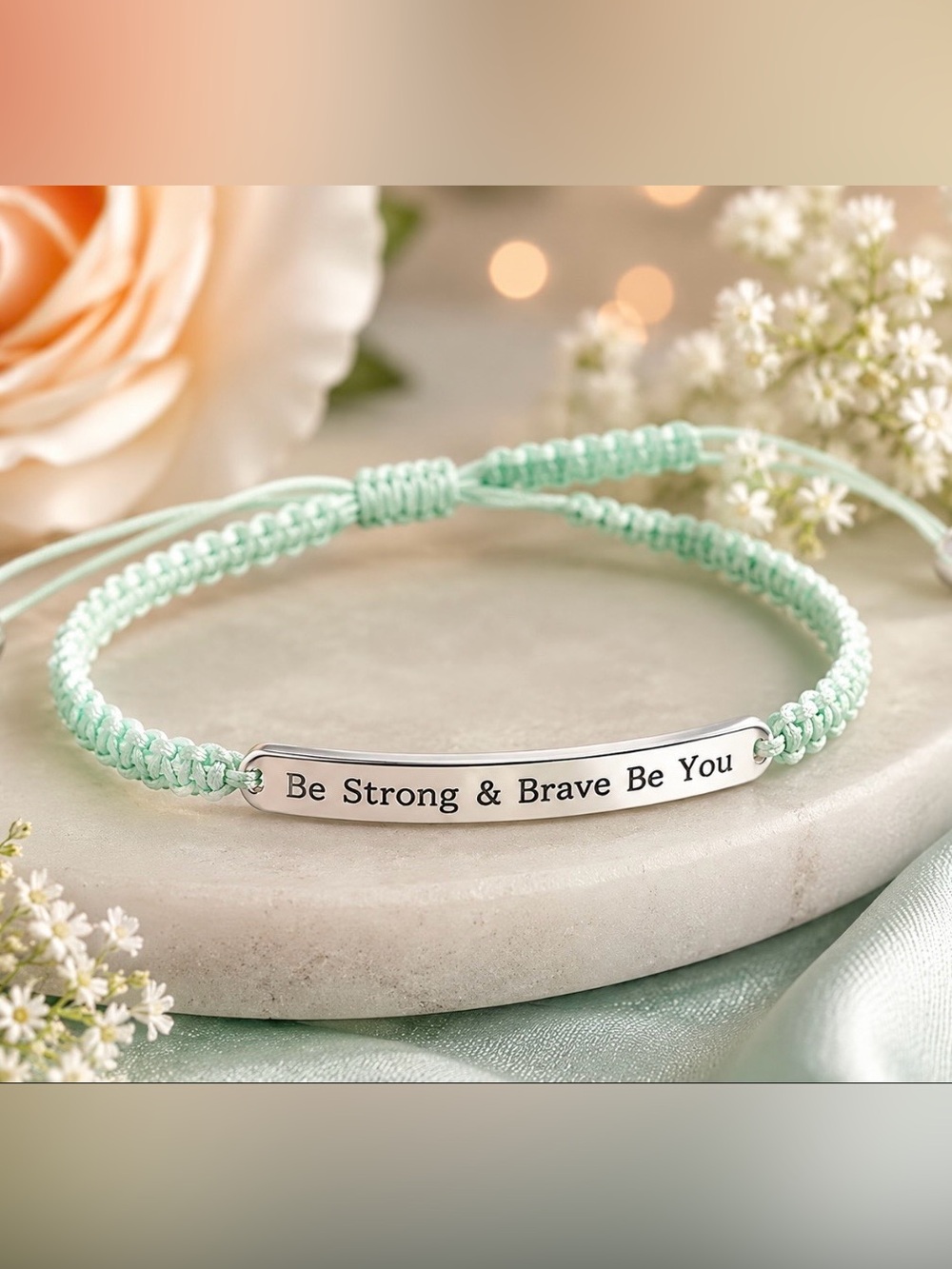 Mint Braided Cord Bracelet with Silver Bar